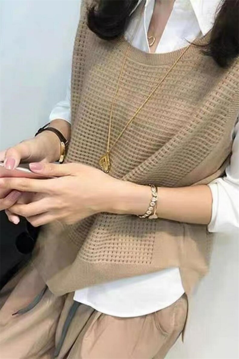 反季清仓镂空针织马甲女套头圆领宽松外穿坎肩毛衣背心大码马夹薄,女装马甲,洁纯羊绒