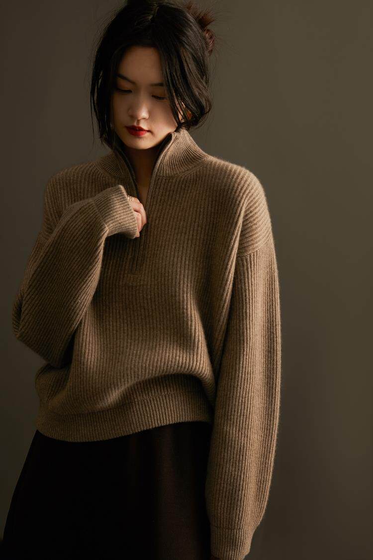 毛衣女新款2024秋冬套头半开拉链宽松慵懒35%羊绒衫,女装羊绒衫,澳霖羊绒