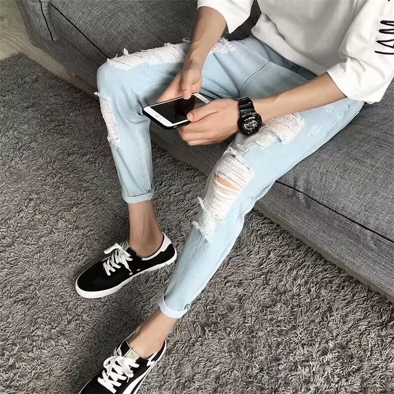 破洞牛仔裤男装薄款夏季休闲男士乞丐裤子直筒九分裤N621,男装牛仔裤,星座1116A-1（原606A）