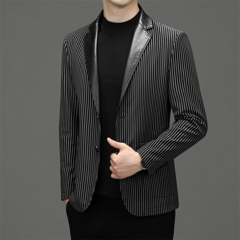 男翻领皮西服男士春秋新款PU真皮夹克条纹时尚休闲西装外套潮流,男装夹克,钱塘6003（原4033）
