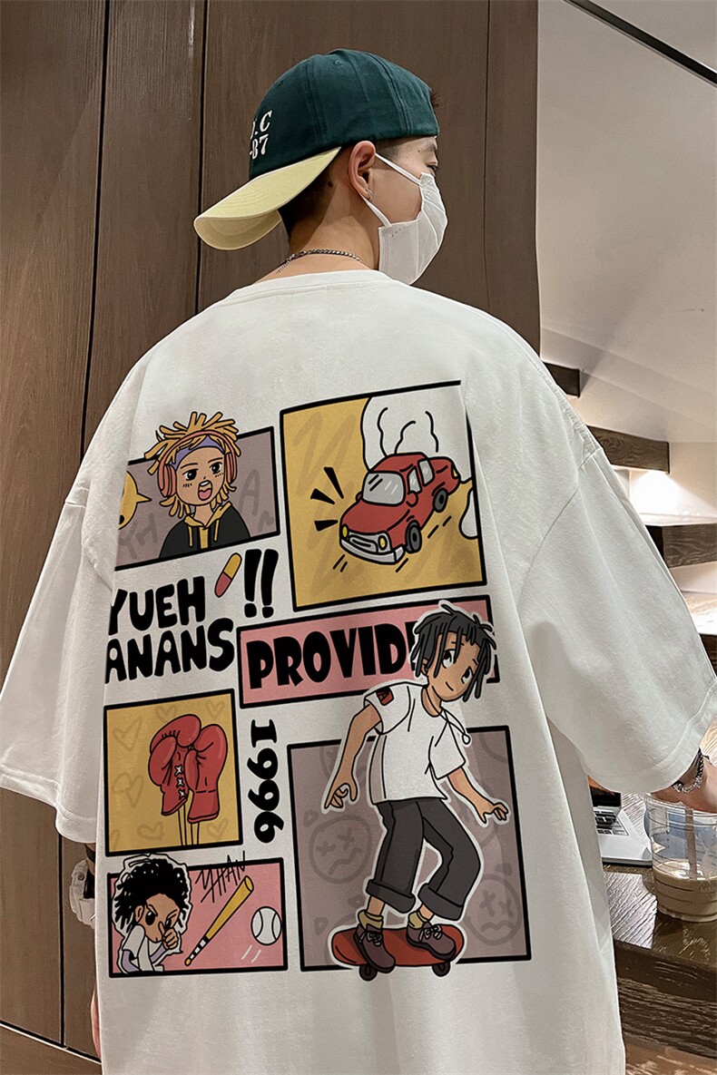 抖音供货、200克现货全棉印花宽松版型短袖T恤D223A-T23135-P25,男装T恤,电商019-1