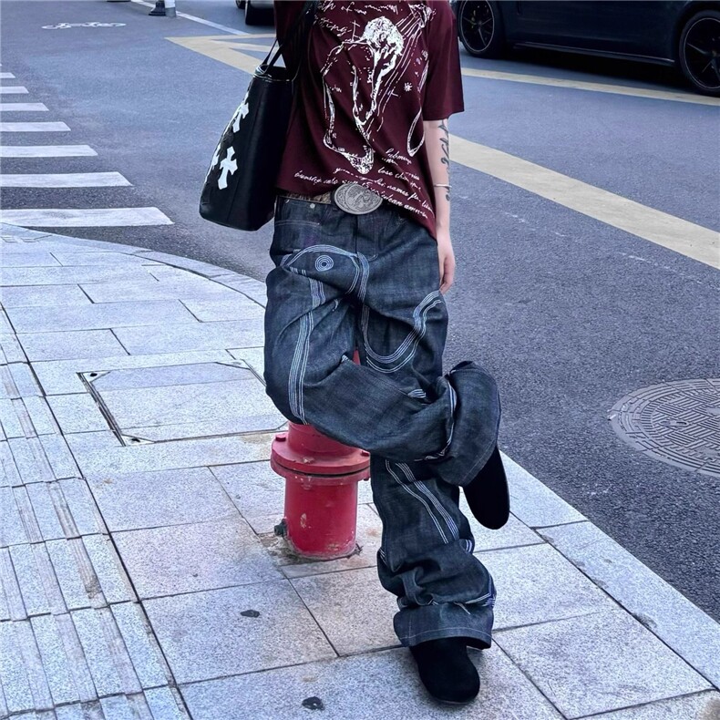 美式复古原牛设计感鸽子刺绣牛仔裤男女潮牌hiphop宽松直筒长裤,男装牛仔裤,四季星座505