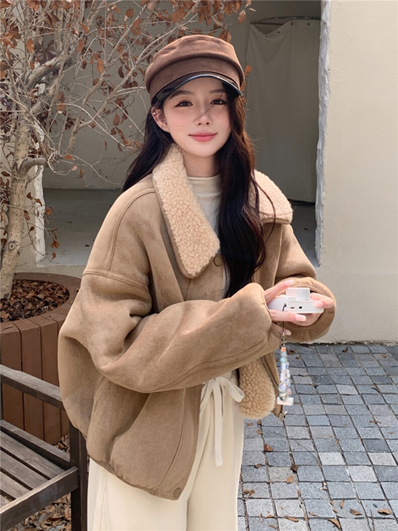 正反两面穿小个子减龄皮毛一体冬翻领麂皮绒羊羔毛外套,女装羊羔毛/颗粒绒,浙宝103（原192）