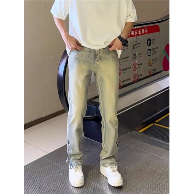 1506A/G9930/P44弯刀牛仔裤复古做旧黄泥染拉链开叉男直筒裤子图片