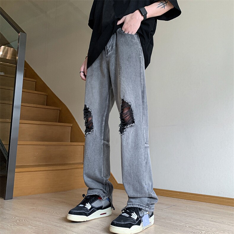 美式高街拉链ins直筒破洞牛仔裤货号K753P60,男装牛仔裤,电商A063