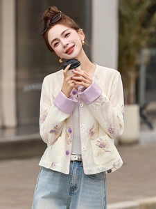 2025春夏季新款紫色薄款刺绣网纱蕾丝防晒衣女新中式国风短款外套图片