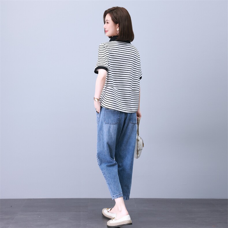 夏季T恤套装女2024年新款中年妈妈宽松时尚短袖休闲牛仔裤两件套,女装套装/套裙,叶笙衣