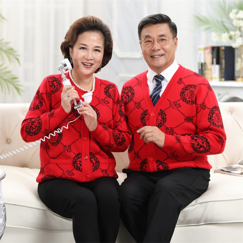 中老年情侣外套喜庆唐装宽松针织开衫男女款毛衣,男装中老年男装,亚东羊绒制品