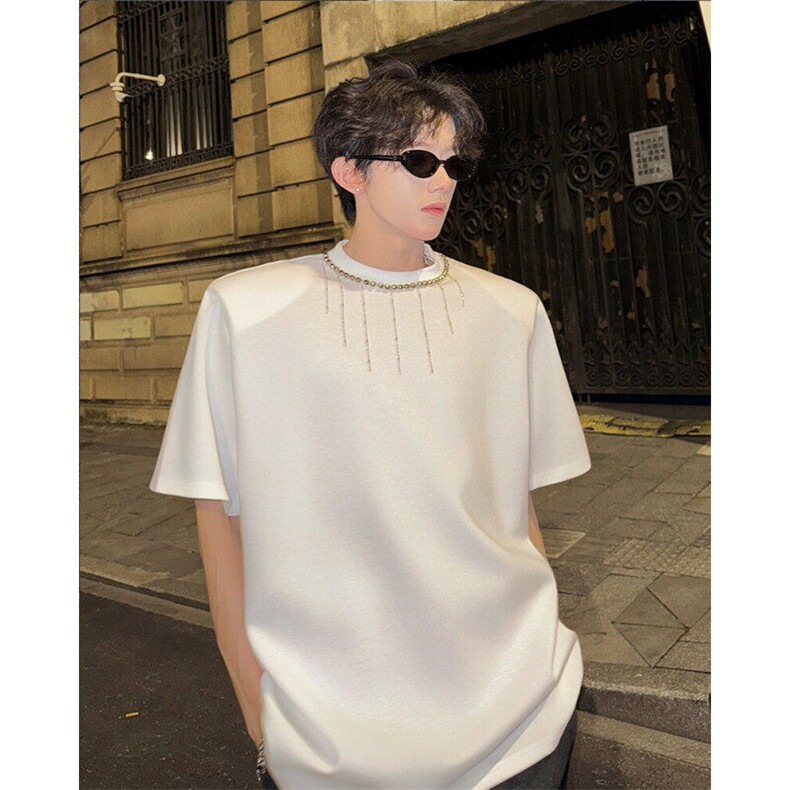 现货！25串珠项链流苏设计感垫肩短袖T恤dx259-p58，男装T恤，电商B288