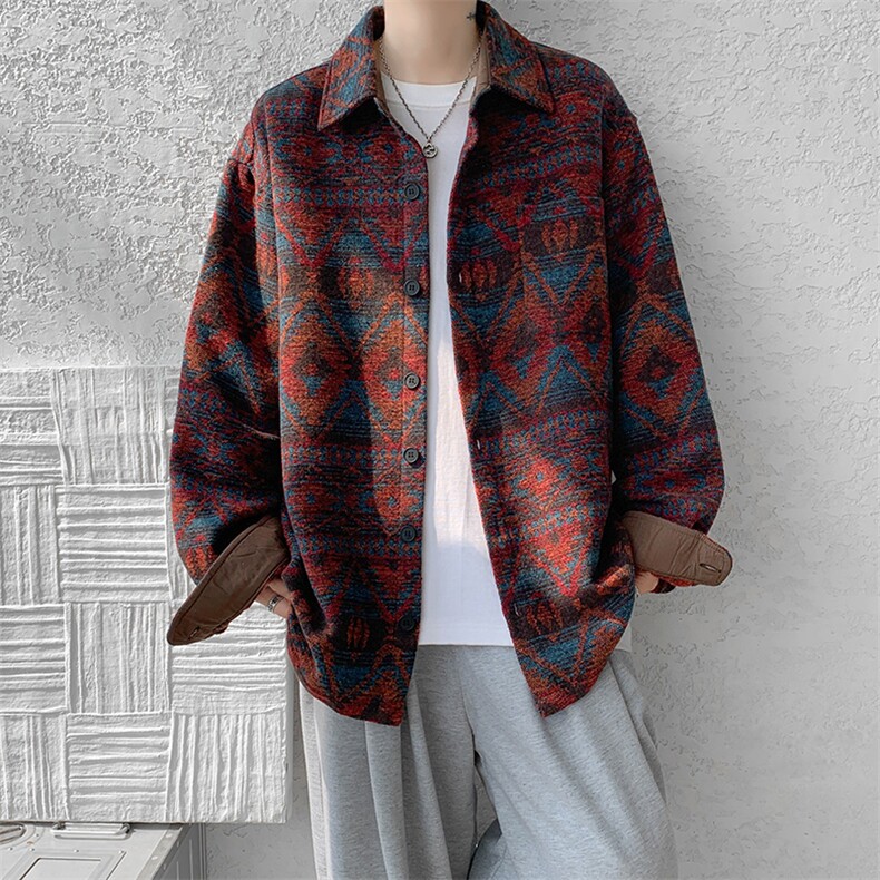 8XL-M复古大码民族风衬衫男款秋冬季加厚粗呢藏式外套CS29001P68,男装衬衫,电商B312