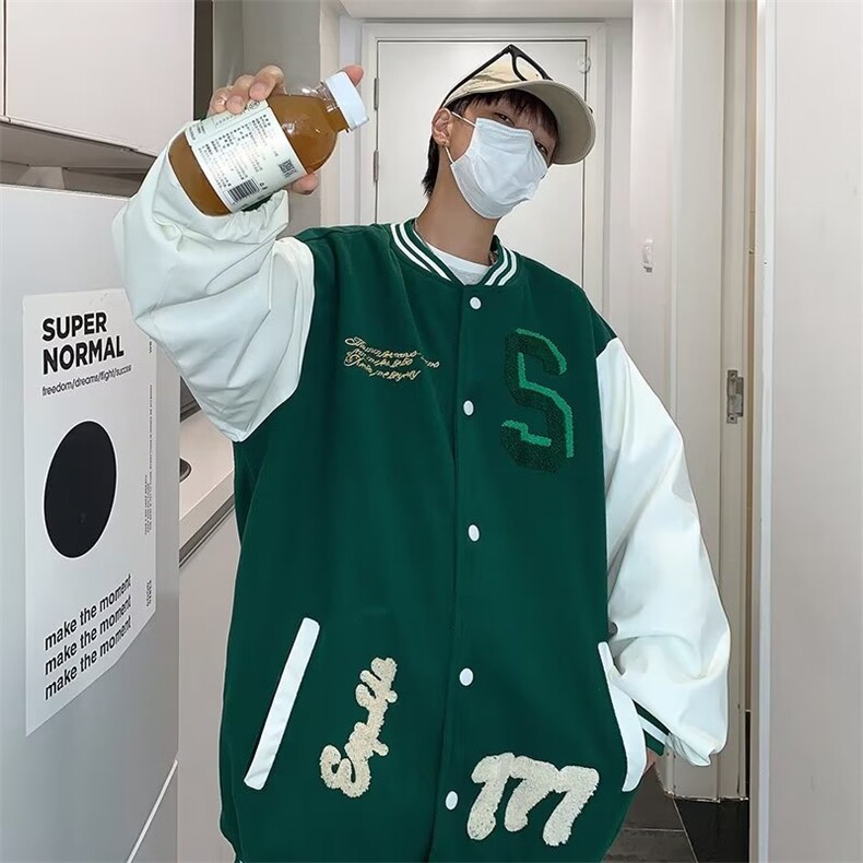 绿色棒球服男ins潮春秋2023新款美式复古高街毛巾绣夹克YK75P60图片