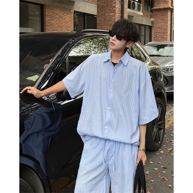 时尚套装男慵懒风条纹蓝色短裤长袖衬衫套装潮流时尚套装特P55,男装牛仔裤,电商B319