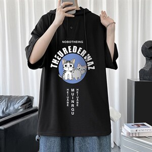 LD54160-P45 连帽短袖t恤男大码胖子带帽五分袖中袖图片
