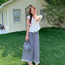 法式温柔风小飞袖衬衫格纹阔腿裤套装女夏两件套223-1361P145K198，女装套装/套裙，莘蕾