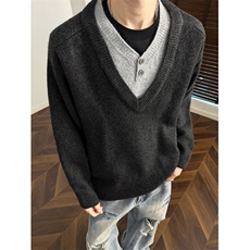 假两件毛衣V领针织衫宽松慵懒风打底衫M7017-P50，男装T恤，星座1212