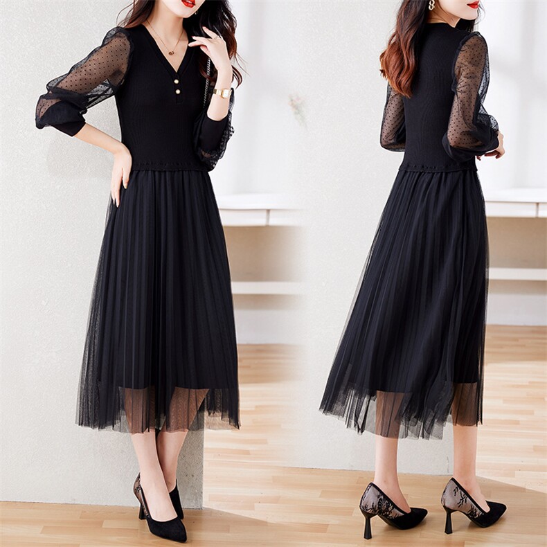 2022秋装V领灯笼袖针织配压邹网纱长款黑色打底连衣裙，女装连衣裙，安之芮娜