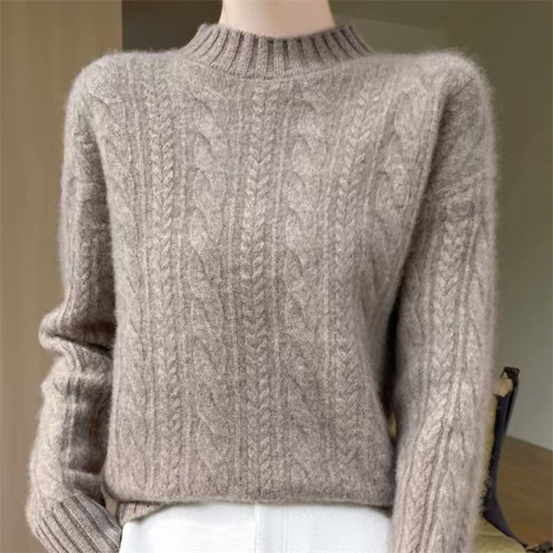 重磅加厚半高圆领扭花针织毛衣女2024秋冬新款保暖内搭打底毛衫新，女装针织衫/毛衣，萱芳婷羊绒