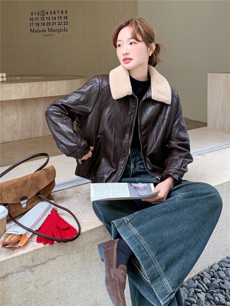 2025小个子羊羔毛翻领短款皮夹克pu皮外套女冬,女装皮衣,2C218