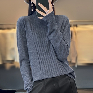 半高领100%纯羊毛衫女春秋新款抽条针织长袖毛衣宽松羊绒衫打底衫图片