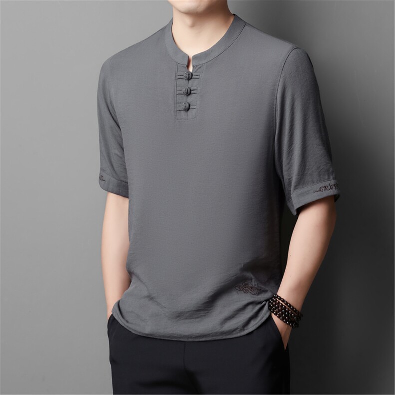 男款夏季短袖中年棉麻中式亚麻爸爸风T恤，男装T恤，钱塘6003B