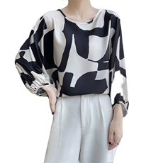 重磅真丝桑蚕丝衬衫女七分灯笼袖宽松慵懒风漂亮抽象印花圆领上衣，女装蕾丝衫/雪纺衫，羊特美羊绒