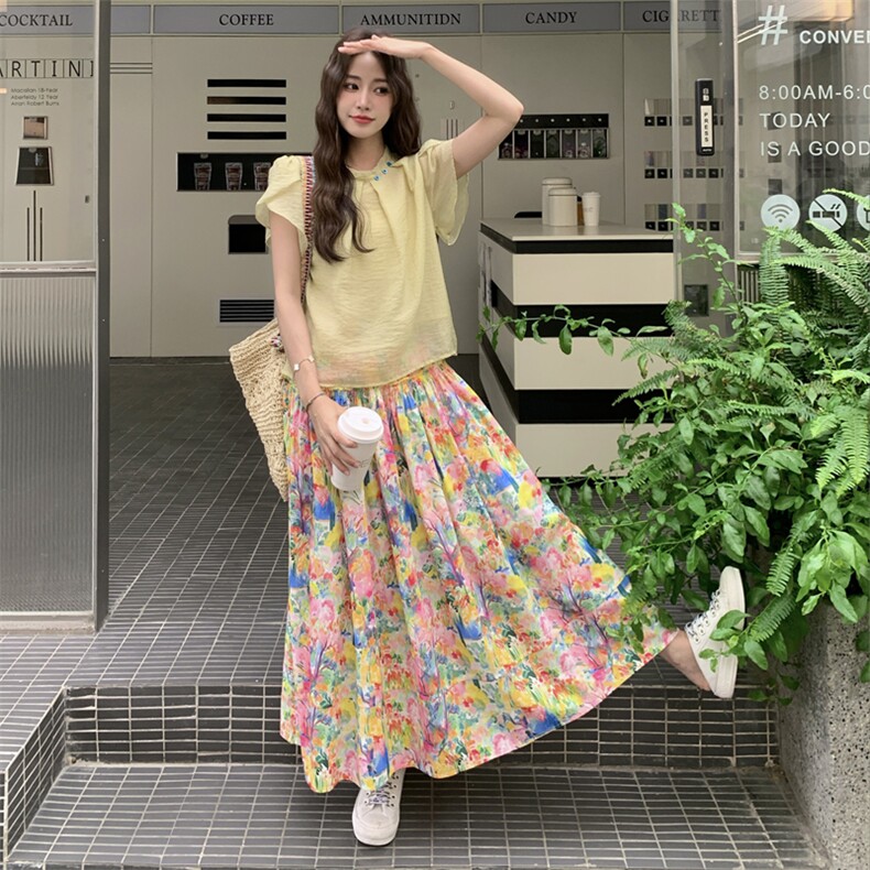 甜美减龄短袖上衣套装女2025夏季新款高腰显瘦碎花半身裙两件套,女装套装/套裙,2C158