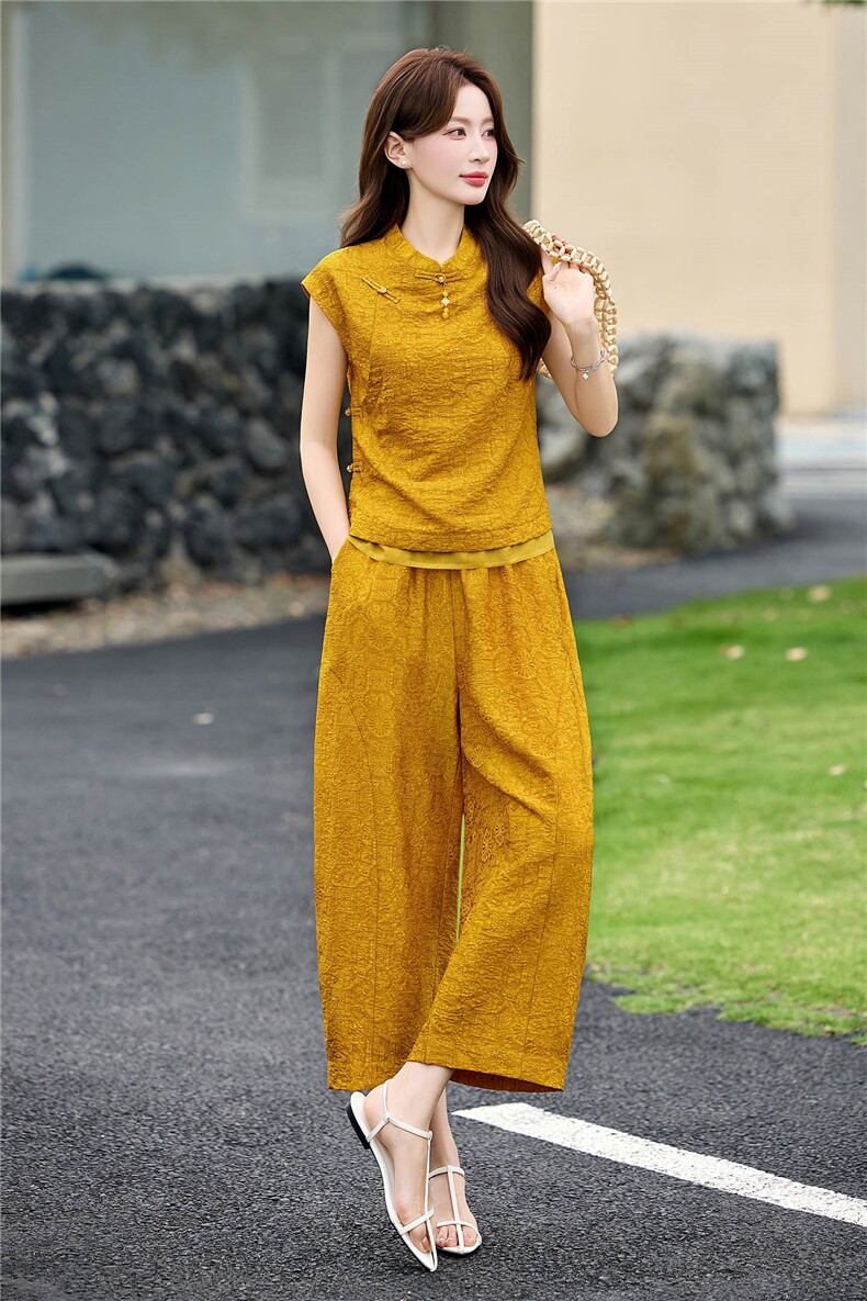 新中式提花套装女2026夏新款高级感时尚气质9分裤显瘦穿搭两件套,女装套装/套裙,丽影随形