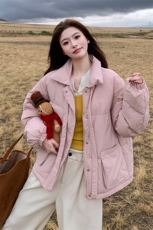 粉色温柔风甜美蝴蝶结羽绒服女2025冬季新款少女感气质白鸭绒外套，女装羽绒服，2C007