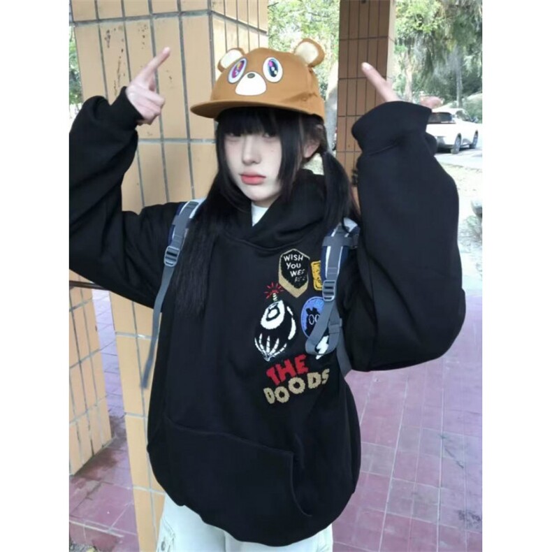 潮美式复古植绒刺绣连帽卫衣男女春秋外套宽松百搭街头帽衫上衣,女装短外套,四季星座505