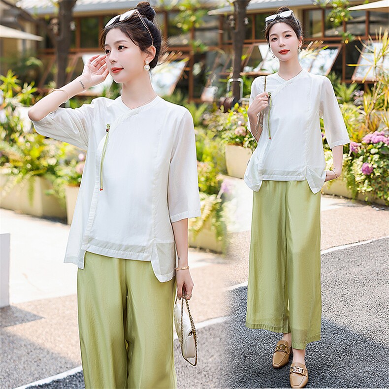 中国风禅意天丝女2024夏季新款国风盘扣白色小衫阔腿裤，女装汉服/婚纱/旗袍/礼服，水衣源