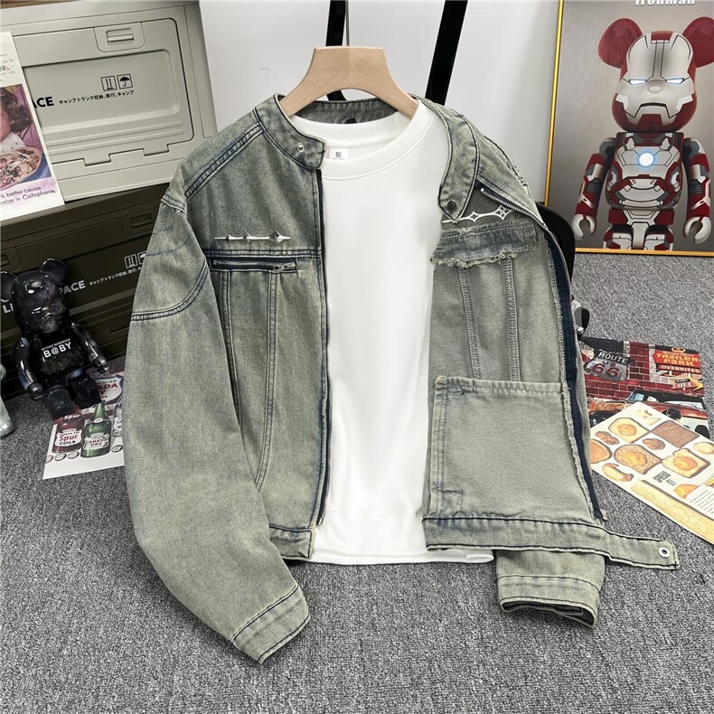 做旧水洗垫肩短款拼接牛仔外套男士复古金属拉链设计夹克A051/P75,男装夹克,星座506B