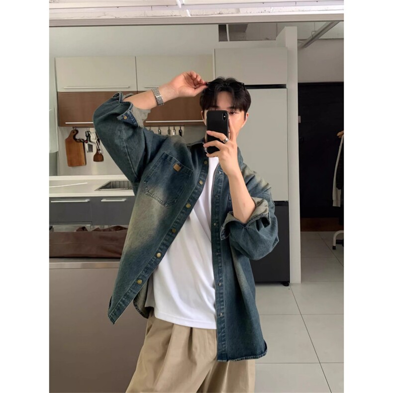 蓝色复古水洗做旧牛仔衬衫夹克男春秋季韩版休闲百搭长袖衬衣外套，男装夹克，星座506A