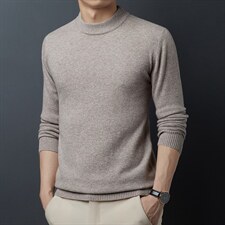 长袖男士毛衣春秋季纯色圆领全羊毛打底衫宽松中年装休闲针织衫，男装针织衫/毛衣，电商B212（原钱塘6029）