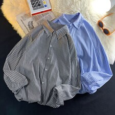 现货2025春夏新款长袖条纹休闲宽松潮流衬衫上衣D201DM85-P45图片