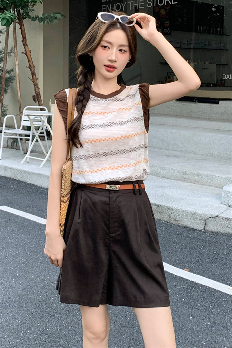 2026韩版显瘦条纹拼接T恤+小个子休闲配腰夏季新款两件套,女装套装/套裙,超帛