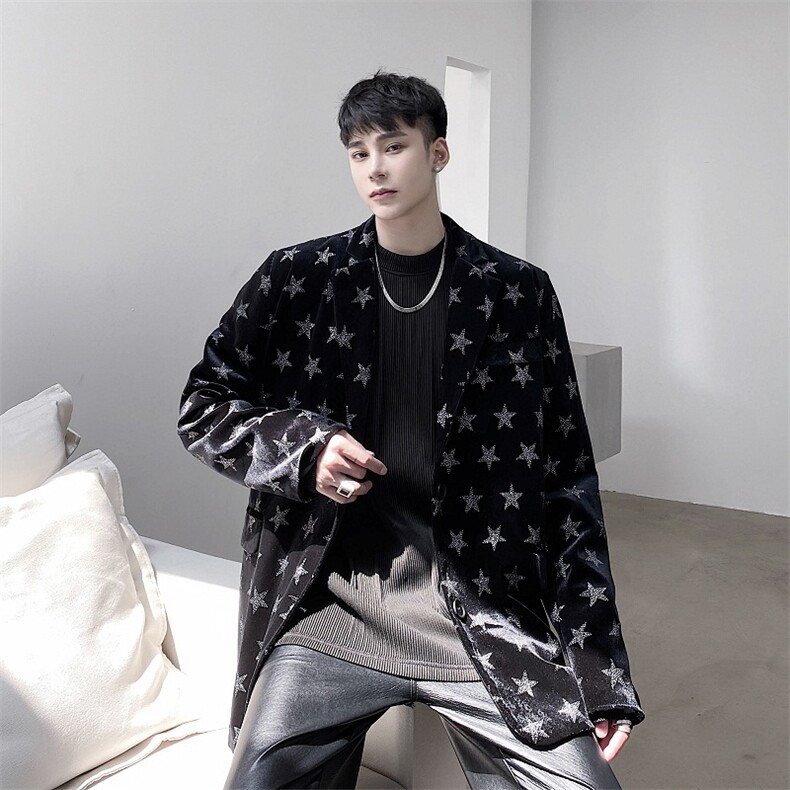 时髦个性加厚丝绒烫钻闪亮星星舞台装发型师潮流西服9970,男装西服,电商A246