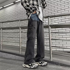 黑灰色拼接工装牛仔裤男秋季潮牌机能美式街头高街2025潮男秋冬，男装牛仔裤，四季星座505