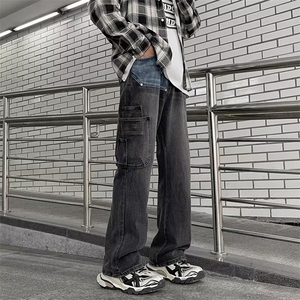 黑灰色拼接工装牛仔裤男秋季潮牌机能美式街头高街2025潮男秋冬图片