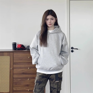 cleanfit灰色短款卫衣男款连帽秋季美式重磅外套螺纹拼接情侣帽衫图片