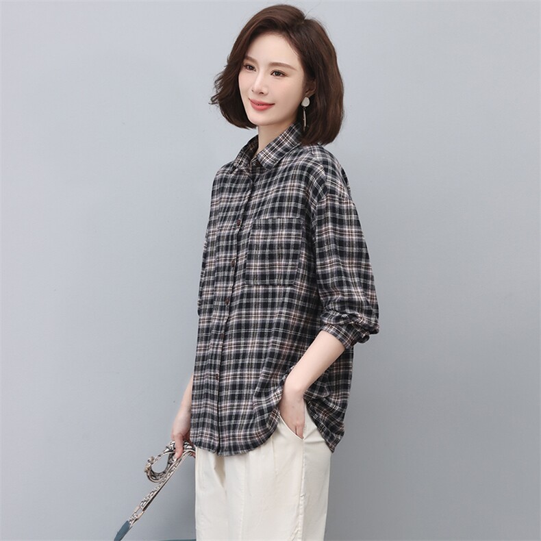 格子衬衫女长袖2025新款春秋衬衣春款漂亮小衫妈妈上衣,女装衬衫,忆绮罗