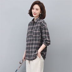 格子衬衫女长袖2025新款春秋衬衣春款漂亮小衫妈妈上衣，女装衬衫，忆绮罗