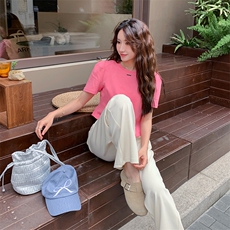 韩系休闲时尚套装女夏新款小个子高腰显瘦粉色t恤阔腿裤两件套，女装套装/套裙，2C087