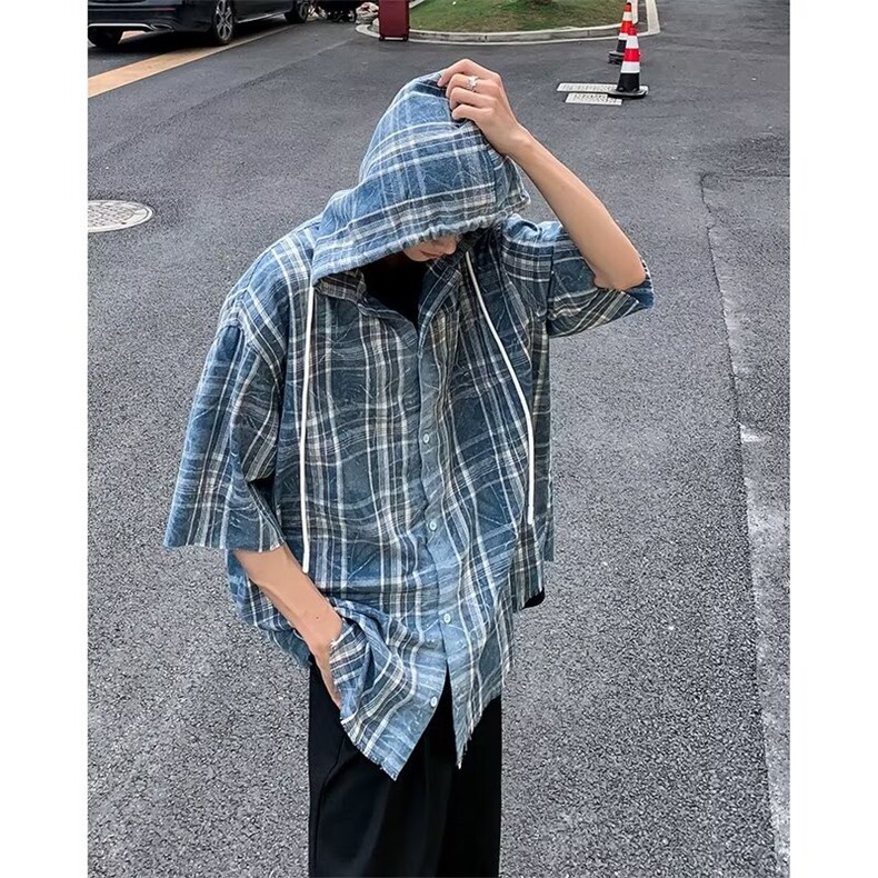 格子衬衫男士短袖韩版潮流连帽夏季2024新款ins宽松外套CY780-P36,男装衬衫,星座412-3