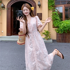 法式温柔风甜美重工刺绣后腰松紧刺绣连衣裙女182-8709P145K198，女装连衣裙，帛香坊