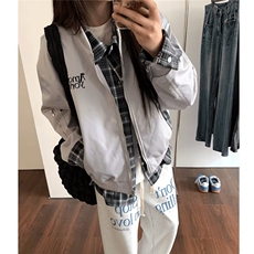 美式假两件夹克男女高街小众格子外套潮学院风情侣上衣L36233-p69，男装夹克，星座1008