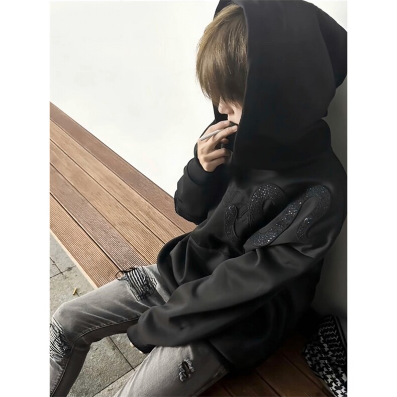 WY01CC-特P68 黑蛇碎石绣花卫衣男女高街情侣帽衫图片