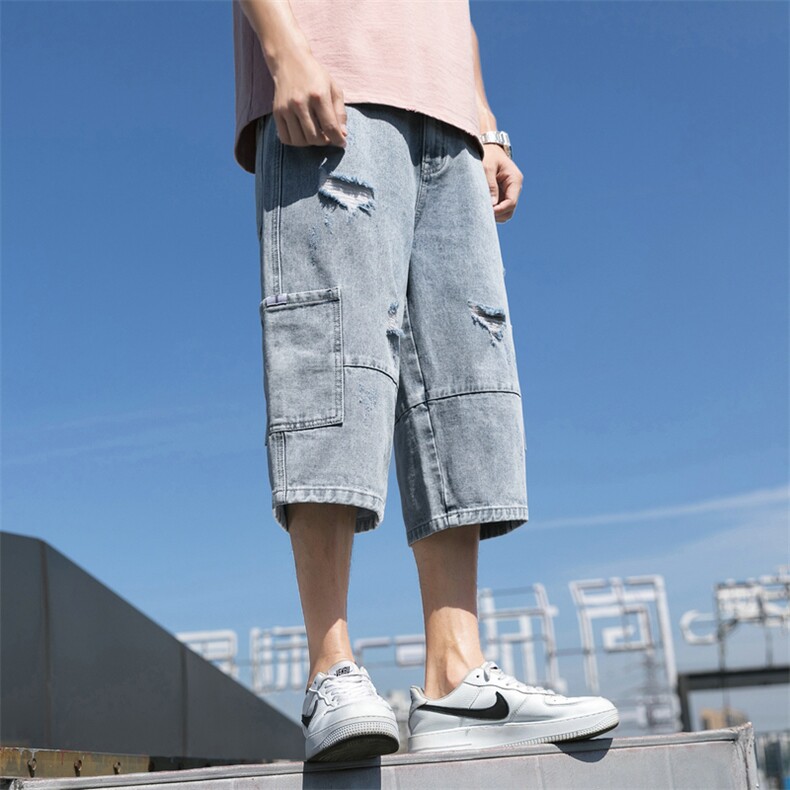 七分牛仔裤男士短裤夏季潮牌5五分宽松休闲破洞中裤工装DS801TP45,男装牛仔裤,电商A102