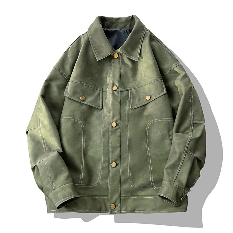 春季机车男士皮衣潮按扣夹克情侣款外套翻领青年A266-PY009-P100，男装皮衣，电商A266