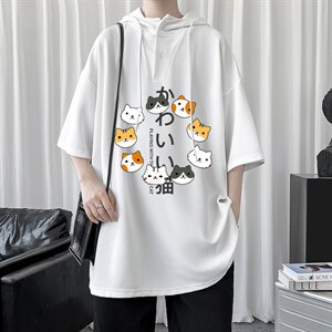 LD54215-P45 连帽短袖t恤男大码胖子带帽五分袖中袖图片