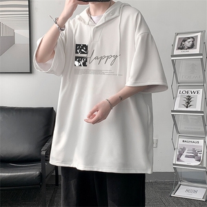 LD5431-P45 连帽短袖t恤男大码胖子带帽五分袖中袖图片